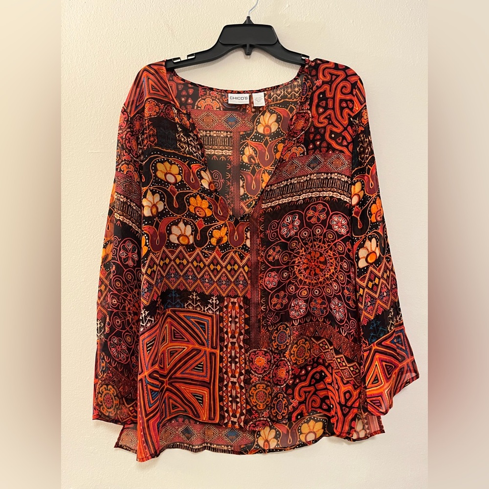 Chico's Paisley Patchwork V-Neck Blouse in Red and Orange